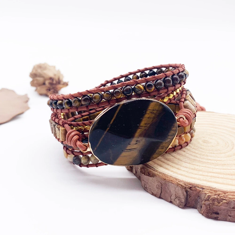 Unique Big Tiger Eye Wrap Bracelet for Women Multilayers Mixed Geometric Natural Stone Beadwork Boho Bracelet Jewelry Dropship