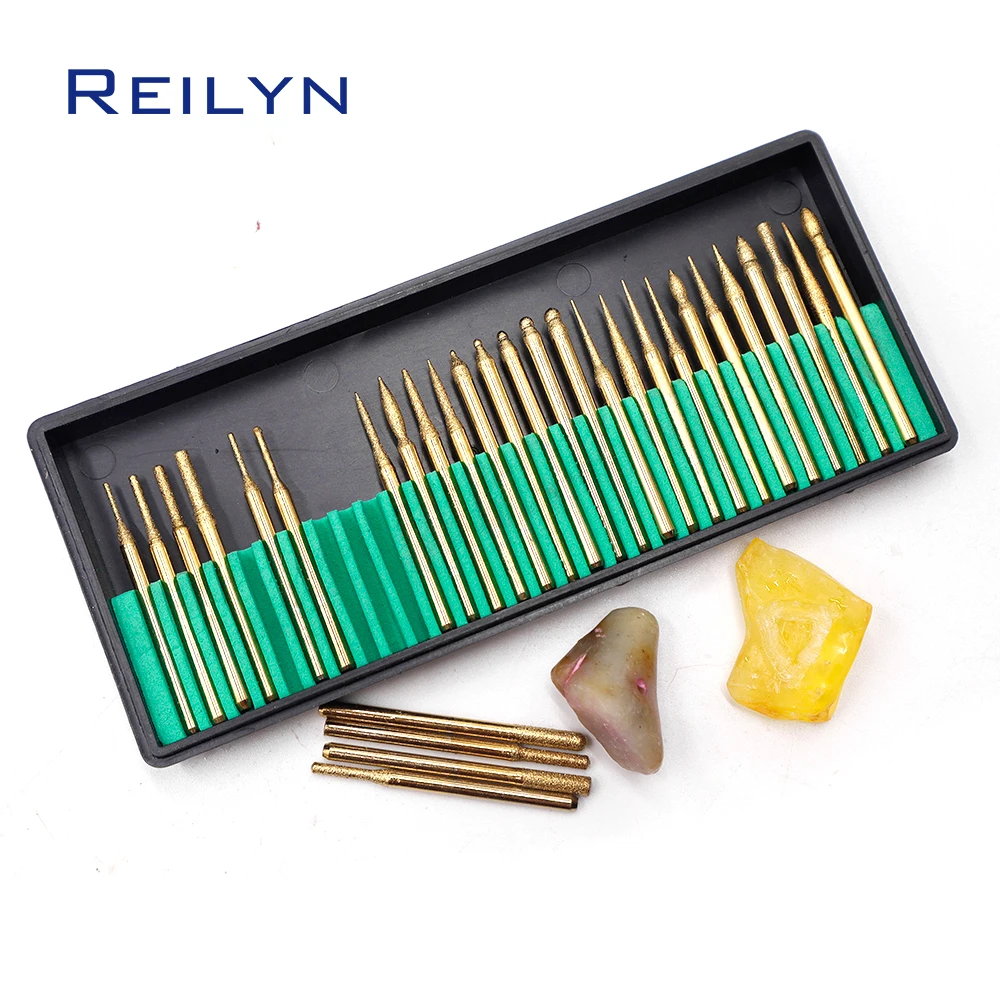 Reilyn 30Pcs 120# 3x3mm Titanium Plated Diamond Grinding Point for Jade Stone Carving
