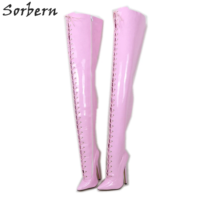 

Sorbern Sexy Thick Crotch Thigh High Boots Long 7 Inch High Heel Pointy Toe Lace Up Custom Slim Wide Leg Boot For Drag Queen