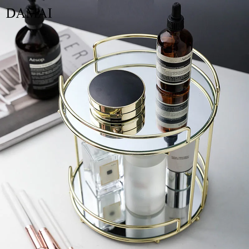 Agate Texture Cosmetic Display Shelf Round Double Layer Jewelry Metal Mirror Storage Trays Skincare Products Organizer New