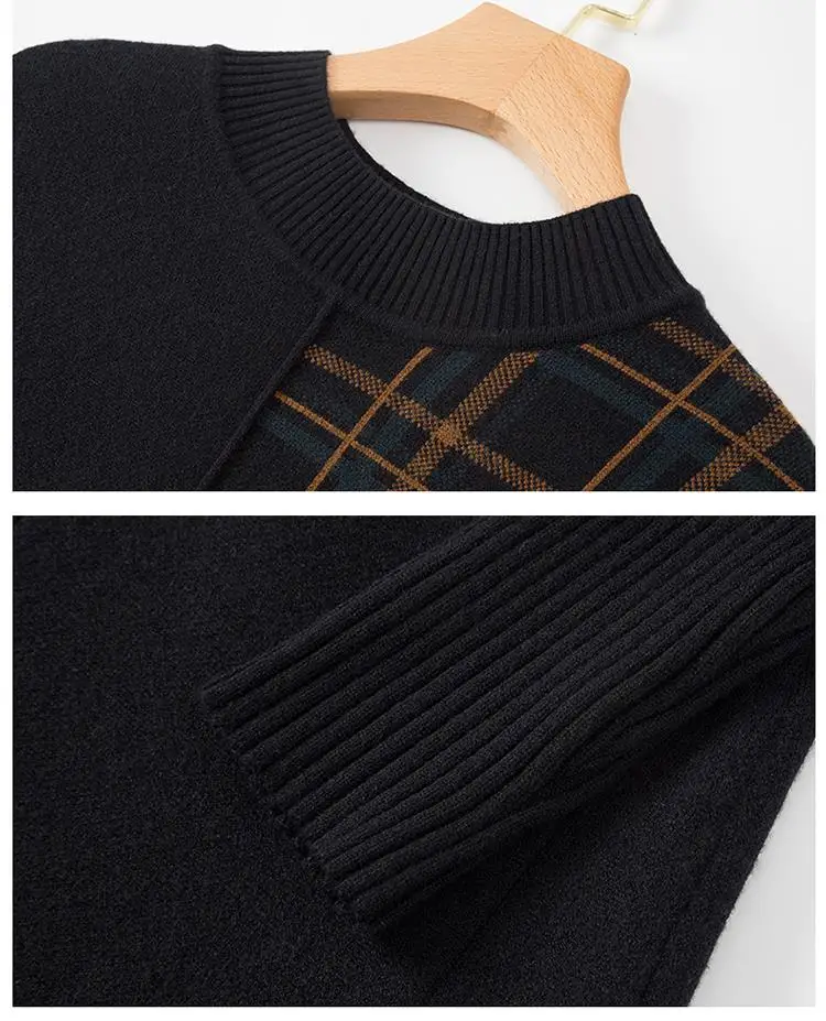 Vrouwen Herfst Lange Jurk Breien Trui Half Hoge Kraag Trui Patchwork Plaid Patroon Kwastje Vrouwelijke Bodem Kleding 2021 Nieuwe