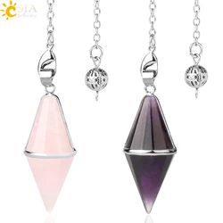 CSJA Multifaceted Natural Crystal Pendulum Reiki Stone Tiger Eye Pink Quartz Healing Pointed Pendant for Dowsing Divination G603