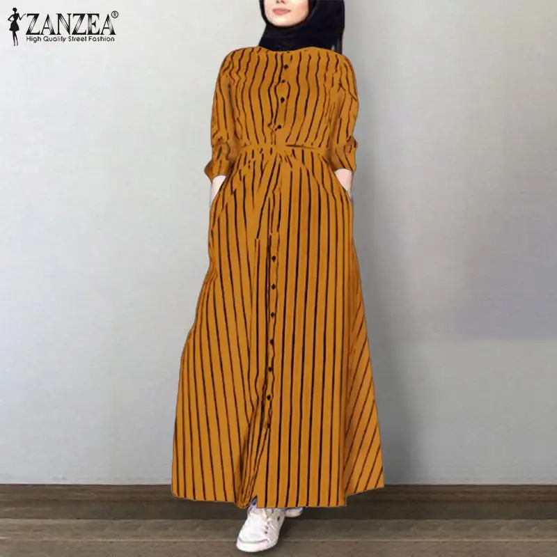 Casual Turkey Abaya Hijab Dress ZANZEA Vintage Women Muslim Dress Fashion Lapel Neck Long Sleeve Striped Shirt Dress Femme Robe