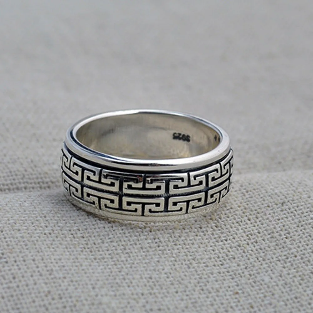 BOCAI New Real 100% S925 Silver Jewelry Rotatable Man Ring Retro Domineering Great Wall Pattern Couple Style Good Luck