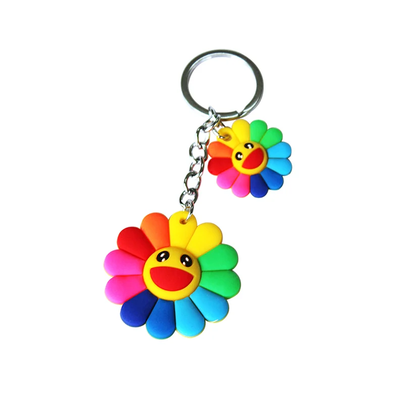 Silicone Rainbow Sun Flower Keychain Female Cute Girls Cartoon Smiling Flower Key Chain On Bag Trinket Women Wedding Party Gift