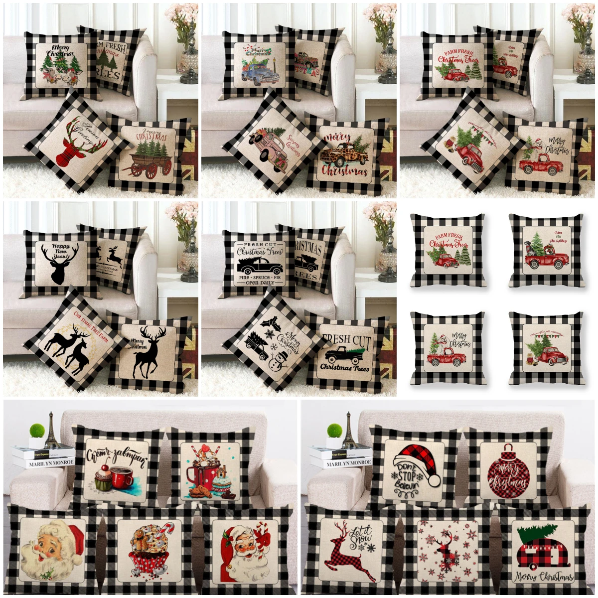 New Design Grey Black Plaid Christmas Pillows Case Sofa Tartan Cushion Case Reindeer/Trees/Car Print Pillows New Year Home Decor