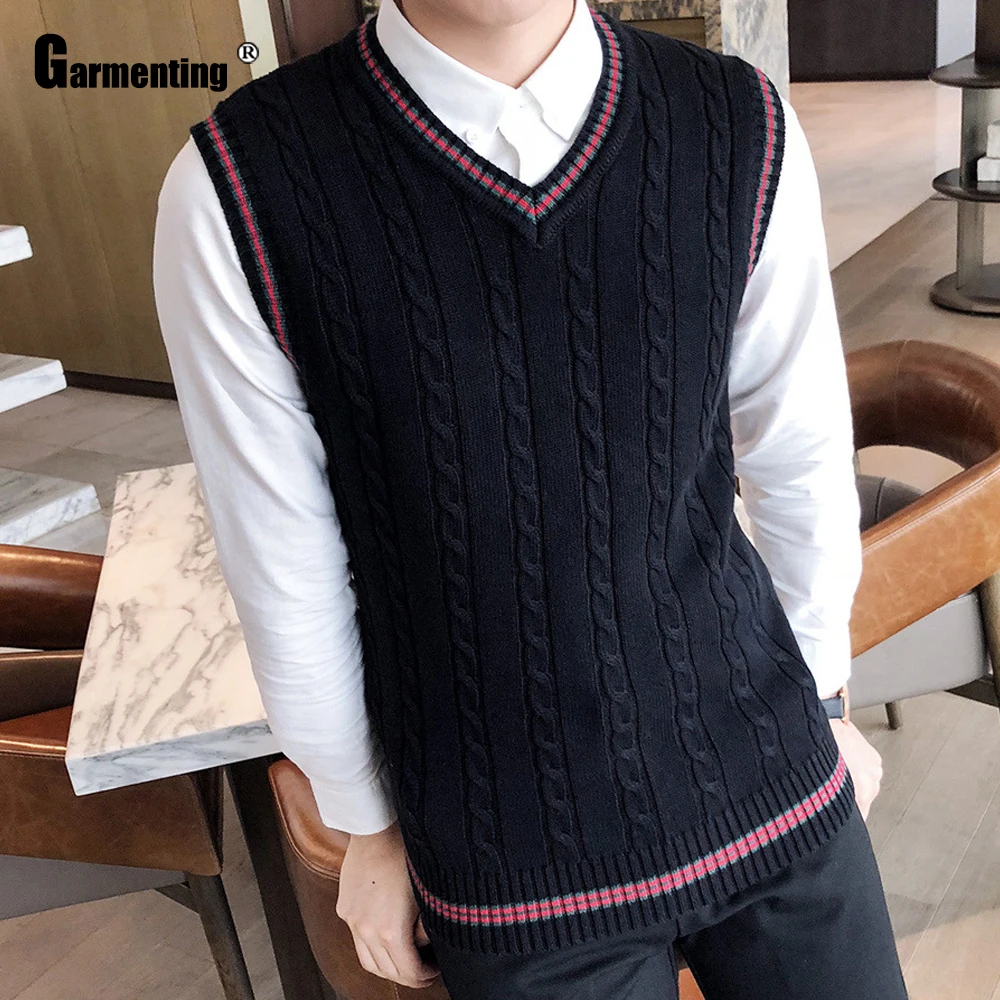 Mens Autumn Winter Sweater V-neck Knitwear Vest Smart Kpop Student Pullovers Sleeveless Slim Knitted Sweater Male Clothing 2020