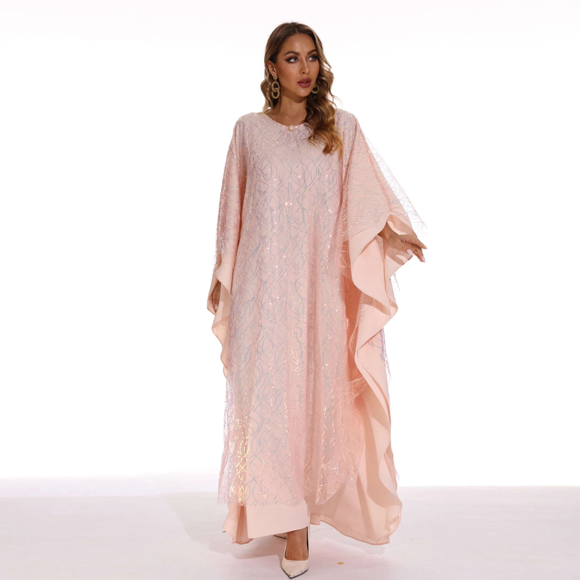 Abaya musulmana de manga larga de murciélago para mujer, moda de talla grande, gasa rosa, lentejuelas, elegante, novedad