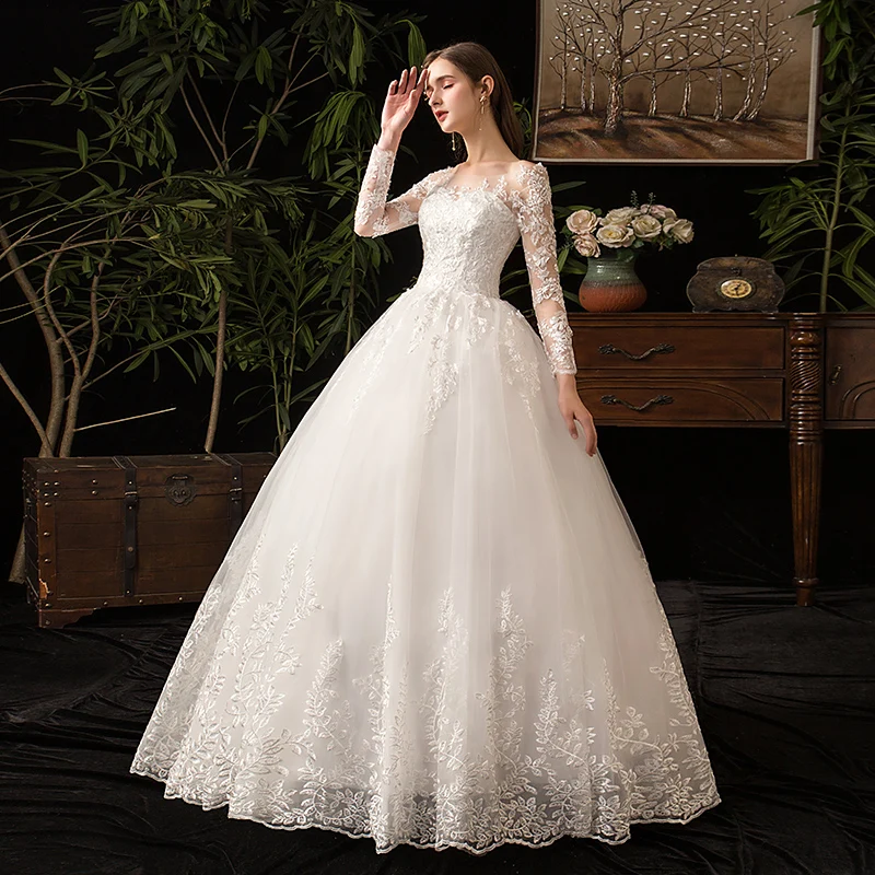 Winter Lace Embroidery White Wedding Dress Full Sleeve Sweetheart Elegant Plus Size Vestido De Noiva Bride Gown Floor