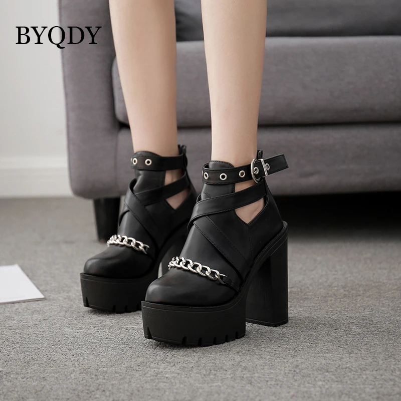 

BYQDY Womens Ankle Boots with Chain Gothic Punk Style Block Heel Platform Shoes Spring Autumn Motorcycle Booties For Girls