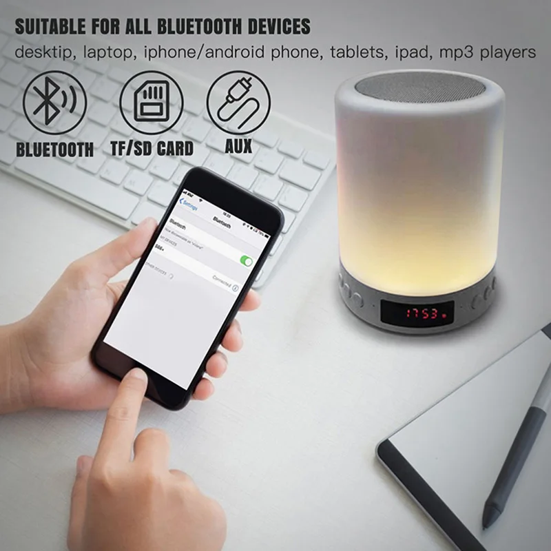 Bluetooth Speaker LED Night Light Touch Sensor with BT Speaker Subwoofer USB Rechargeable Dimmable Table Lamp for Bedroom Office