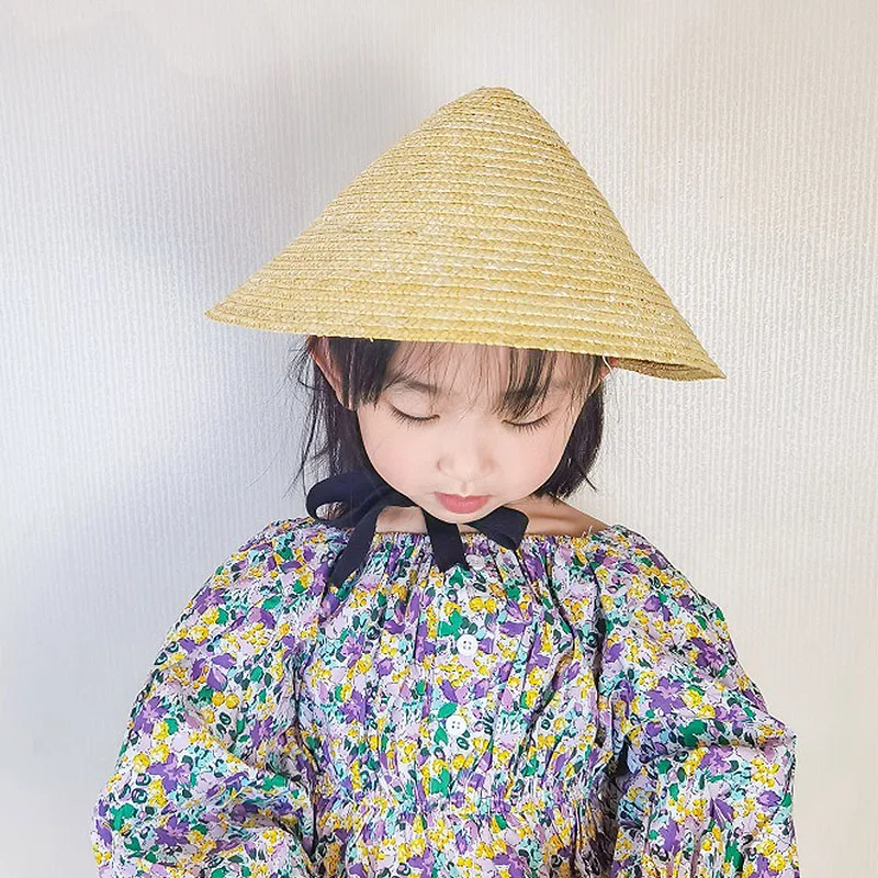 

Hot Sale Fashion Children's Summer Hat Wide Brim Hat Conical Straw Hat Boy Girl Cap Black Strap Sun Protection Caps Beach Hat