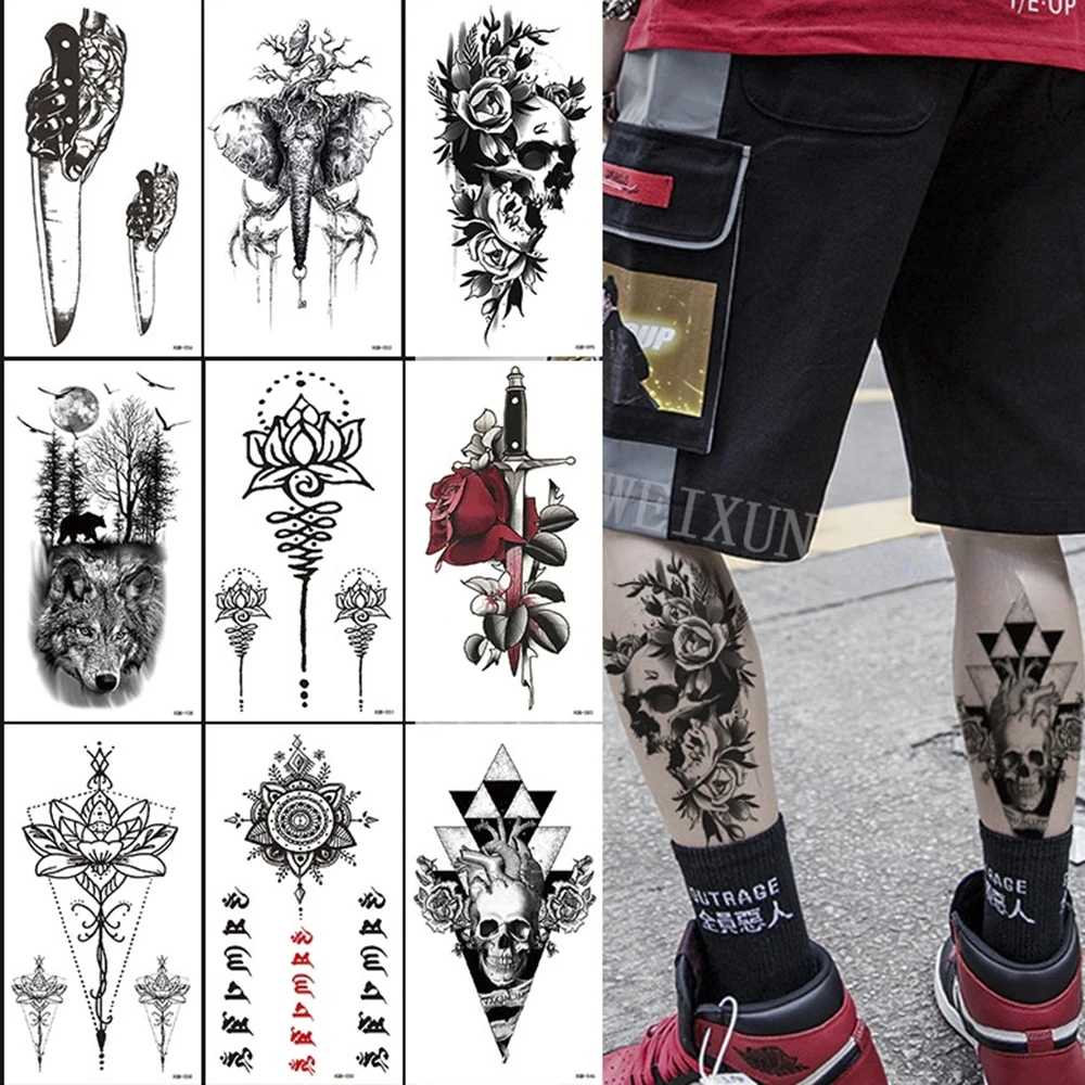 

Realistic wolf Lotus rose Tattoos Temporary Adult Flower Arm Tattoos Sticker Waterproof Fake Floral Bloosom Body Leg Art Tatoos