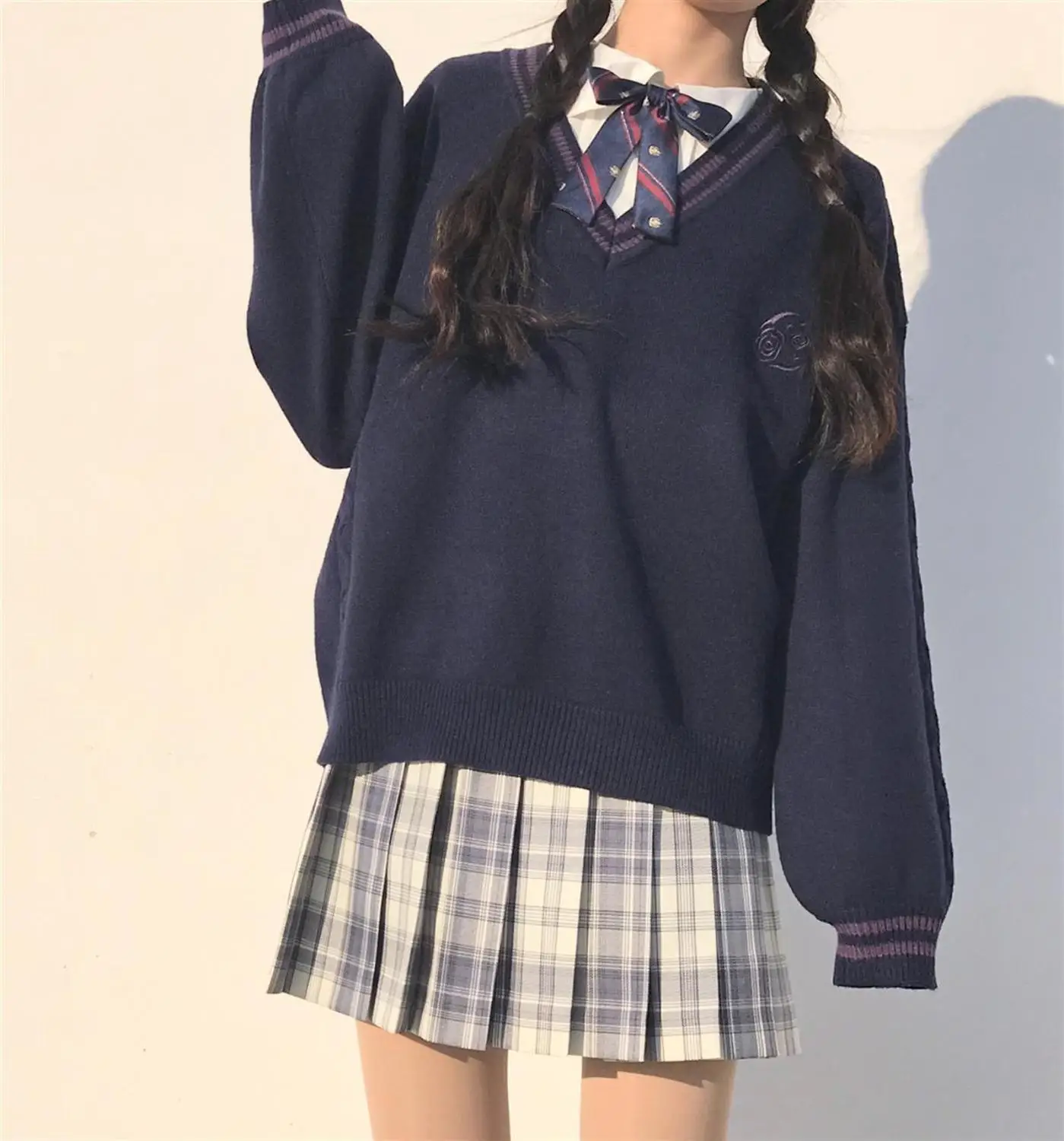 JK Uniform Genuine Long-Sleeve Sweater New Style Japanese Fashion School Girl Uniform Sweaters Womens Clothing Navy Blue Beige