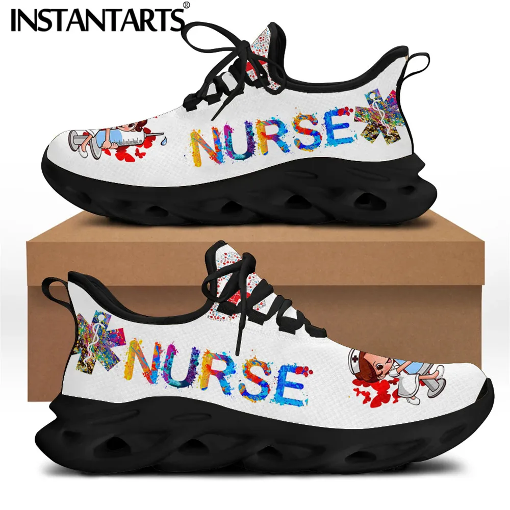 INSTANTARTS Casual Women White Nurse Shoes Brand Design Cartoon Heartbeat Art Medical Flat Sneakers for Ladies Lace Up Footwear