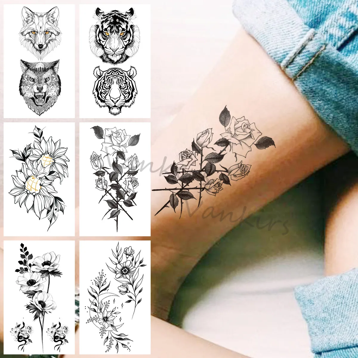 Rose Flower Thorn Temporary Tattoos For Women Men Realistic Tiger Fox Wolf Dahlia Fake Tattoo Sticker Leg Arm Tatoos Tribal