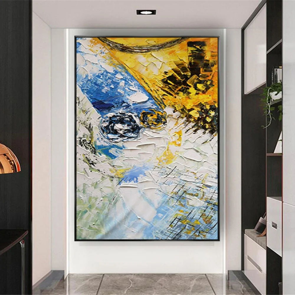 لوحات زيتية مرسومة يدويًا طلاء سكين تجريدي أصفر وأبيض نسيج زيتي سميك صورة قماشية ديكور منزلي لوحة معلقة #2