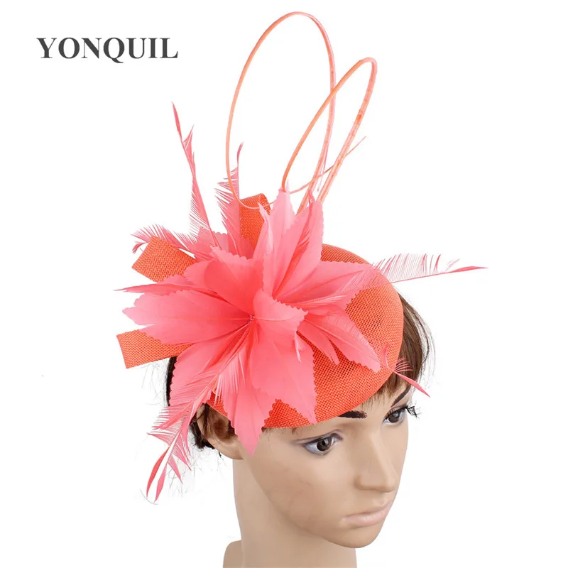 Imitation Sinamay Wedding Women Headpiece Headband Fancy Feather Flower Fascinator Hats Hair Clip Bride Marry Fedora Cap