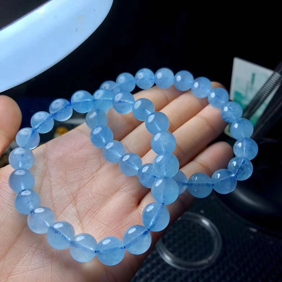 

Natural Blue Aquamarine Quartz Clear Round Beads Bracelet 9mm 10mm 11mm Brazi Fashion Stone For Women Men AAAAA