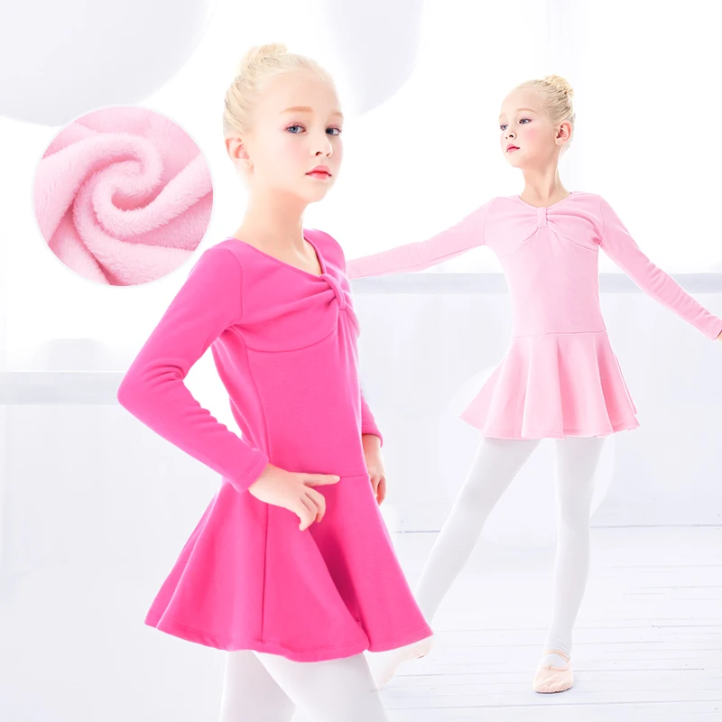 Ballet Jurk Plus Fleece Jurken Meisjes Dik Fluwelen Ballet Dancewear Kids Winter Warm Katoen Turnpakje Jurk Met Strik