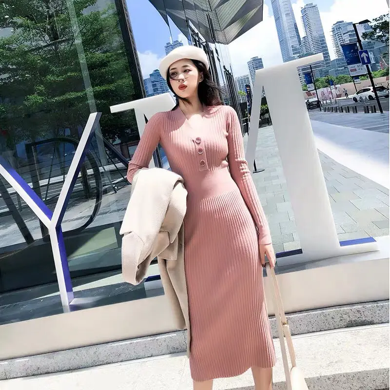 Woman Dress V-neck High-Waist Dress Autumn Winter Mid-Length Slim-Fit Woolen Skirt Solid Button Underskirt Long Sleeve Dress