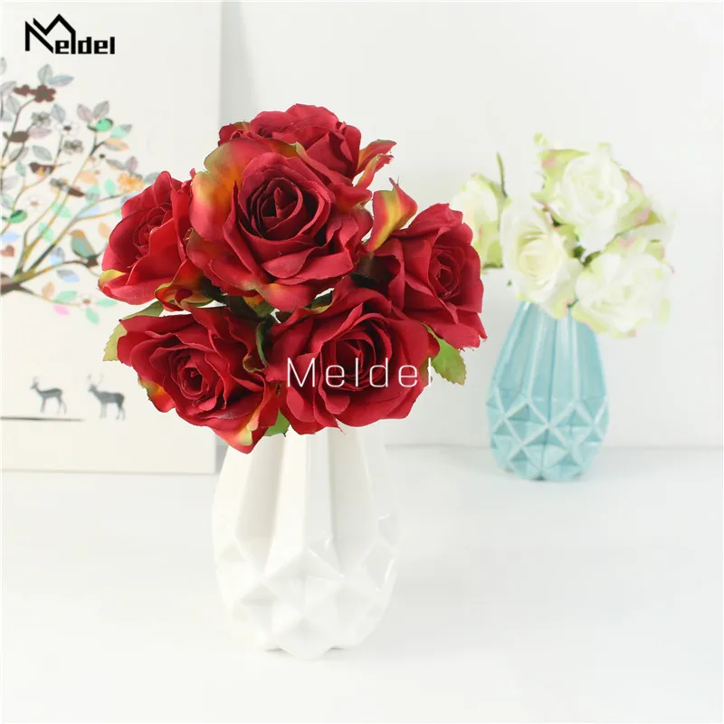 Meldel-buquê de flores artificiais para casamento e damas de honra, 6 cabeças, flores de seda, buquê de rosas falsas, decoração para casa, festa de casamento