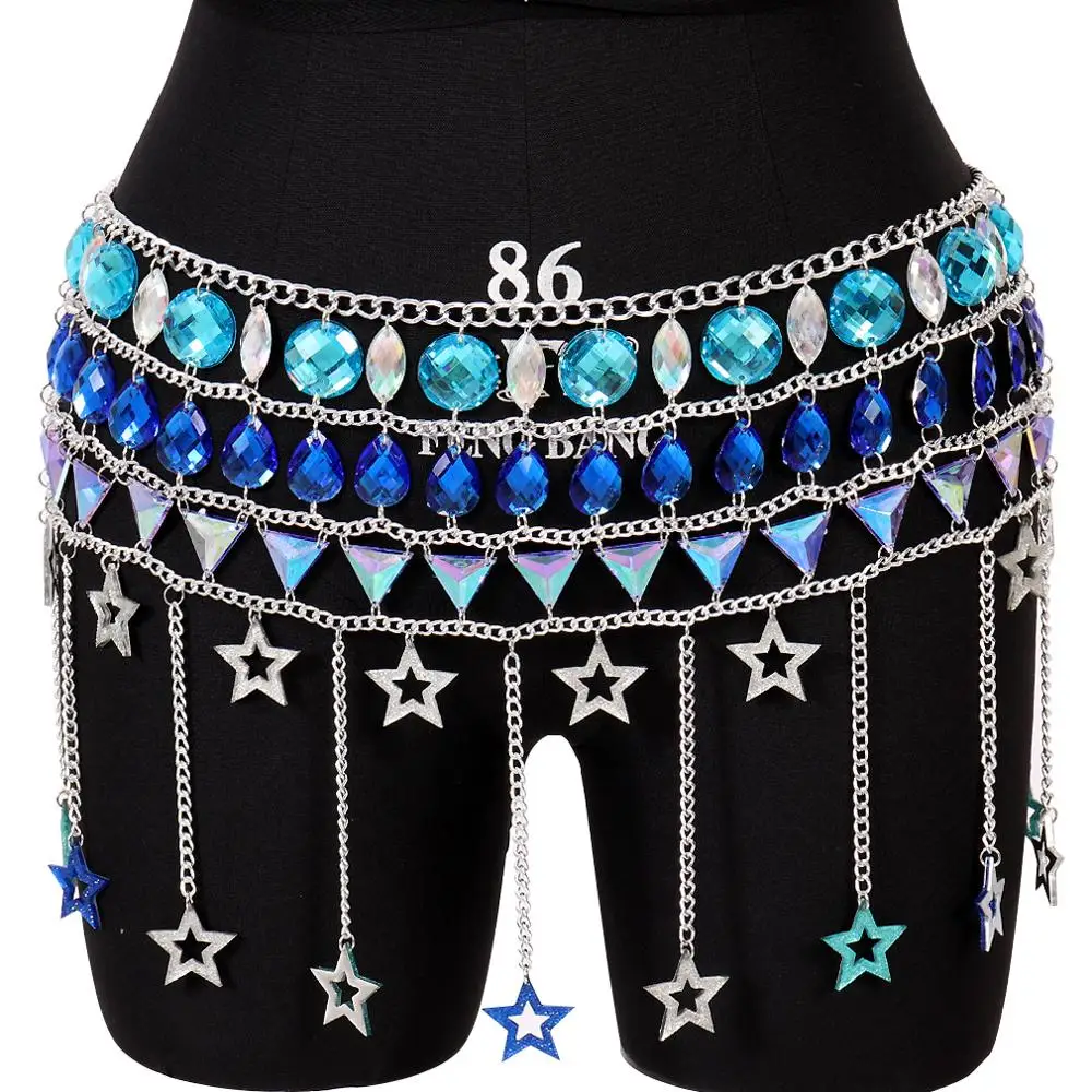 New Boho Skirt Crystal Tassel Sequins Waist Belt Beach Bikini Dance Body Chain Metal Cage Pentagram Gypsy Girl Harness Adjust