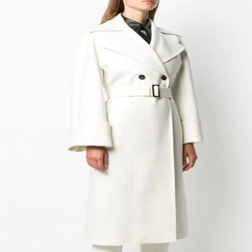 

Autumn winter fashion double breasted ol white cashmere overcoat women belted ol loose wool blends outwear