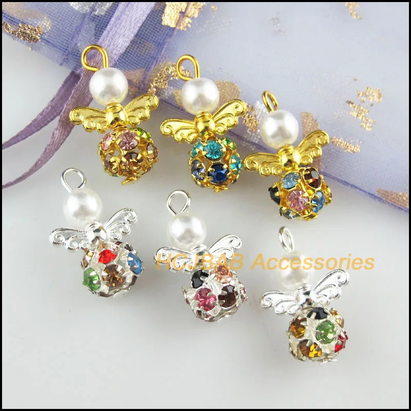 10Pcs Silver Plated & Gold Color Colored Crystal White Angel Charms Pendants 14x22mm