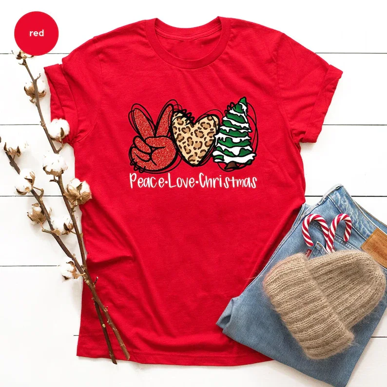 Peace Love Christmas Merry Noel Women Gift Merry Cute Tee Family Shirt 100%Cotton O Neck Female Clothing Casual Unisex y2k goth