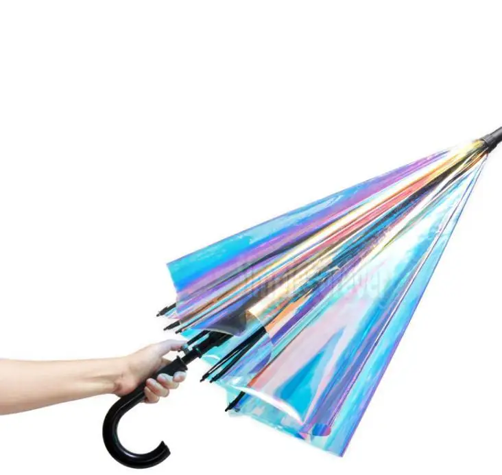 

Laser Transparent Umbrella Rain Sunshade Long Handle Colorful Gradient PVC Holographic Umbrellas Outdoor Travel Umbrella