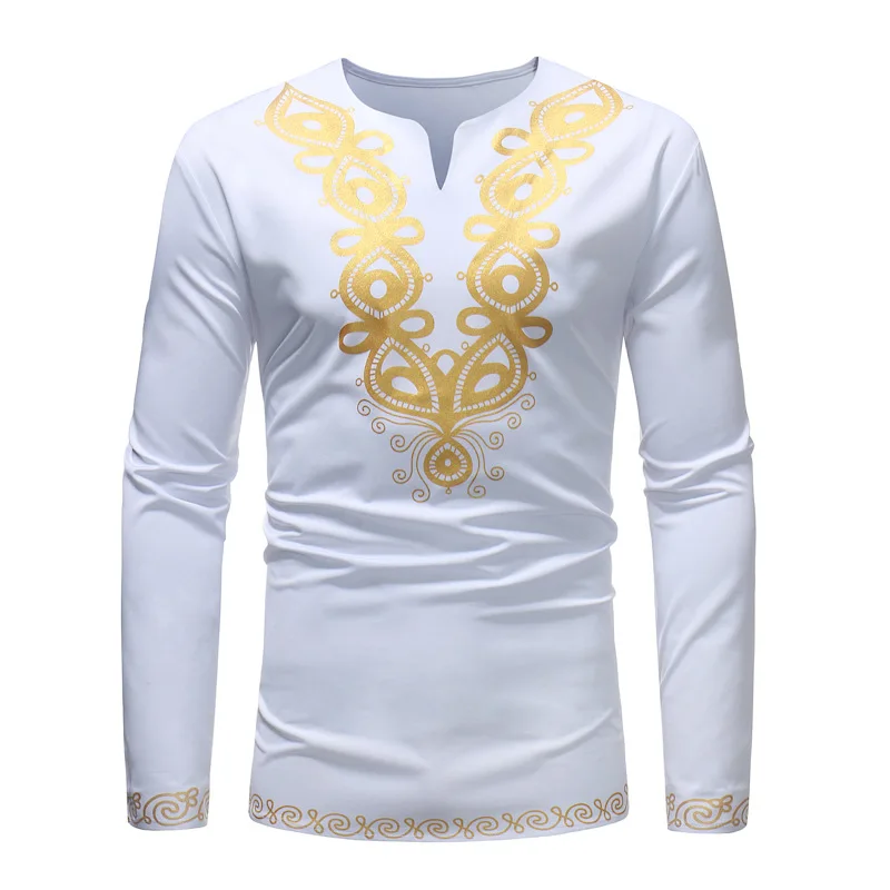 

White African Dashiki Print T Shirt Men 2023 Autumn New Streetwear Casual African Clothes Slim Fit Long Sleeve Camisa Masculina