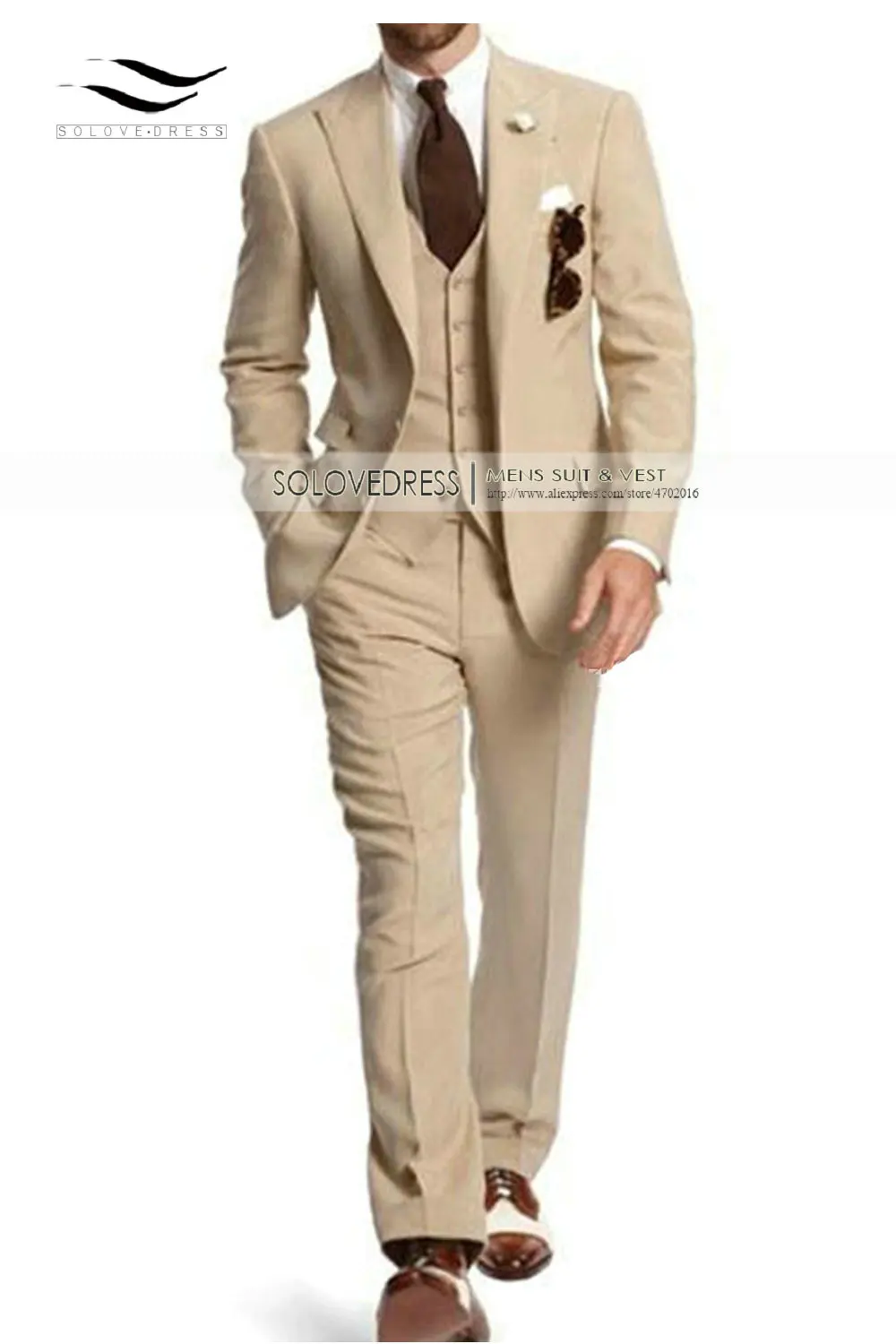 Vestito degli uomini di Affari Formale Si Adatta Alle 3-Pezzi Notch Risvolto Solido Smoking best Uomo Per La Cerimonia Nuziale Groomsmen (Giacca Sportiva + vest + Pants) beige Nuovo