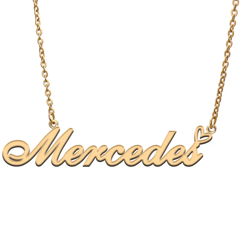 Mercedes Name with Love Heart Necklace for Women Stainless Steel Jewelry Nameplate Pendant Femme Mother Child Girls Gift