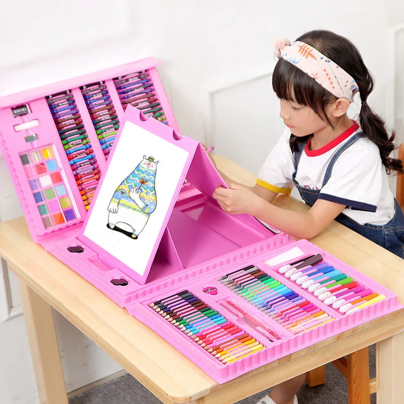 Children's 208Pcs/Set Blue Pink Drawing Toys Painting Paint Tool Set Aluminum box  Watercolor Pen