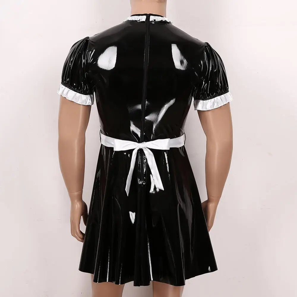 Mens Male Sissy Maid Dress Sexy Cosplay Costume Clubwear Puff Sleeve Wetlook Latex Maid Servant Uniform Flared Dress with Apron