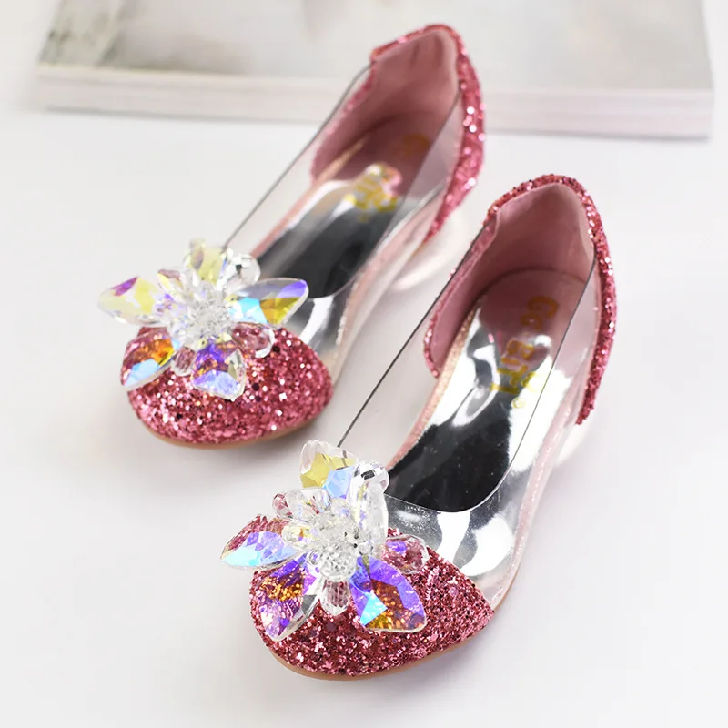 Zapatos de tacón alto de cristal de Cenicienta para niños, zapatos de fiesta de princesa transparentes con lentejuelas, vestido de diamantes para