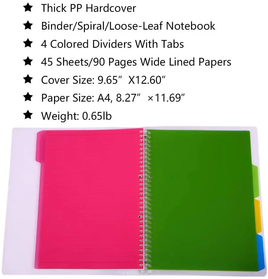 A4 binder portfolio notebook with 30 rings/holes, 5 subject spiral paper notecook 4 colored PP dividers with tabs for labels