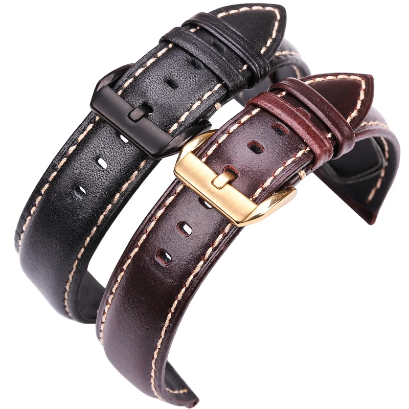 Handmade Watchbands 18 19 20 21 22 24mm Vintage Genuine Leather Watch Strap Black Dark Brown Calfskin Wrist Band Belt Pin Buckle