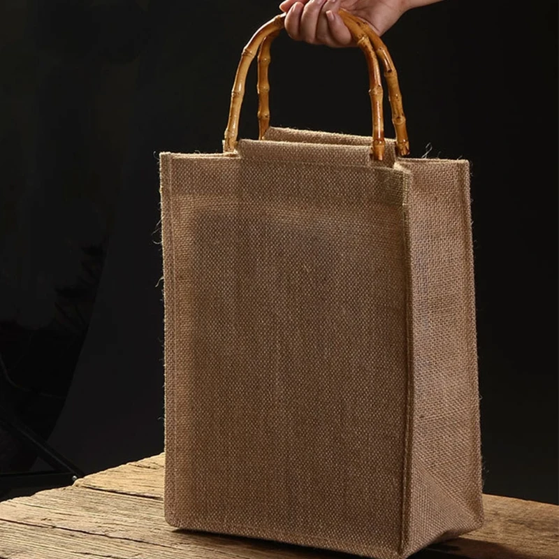 2021 New Portable Burlap Jute Shopping Bag Handbag Bamboo Loop Handles Reusable Tote Grocery Bags