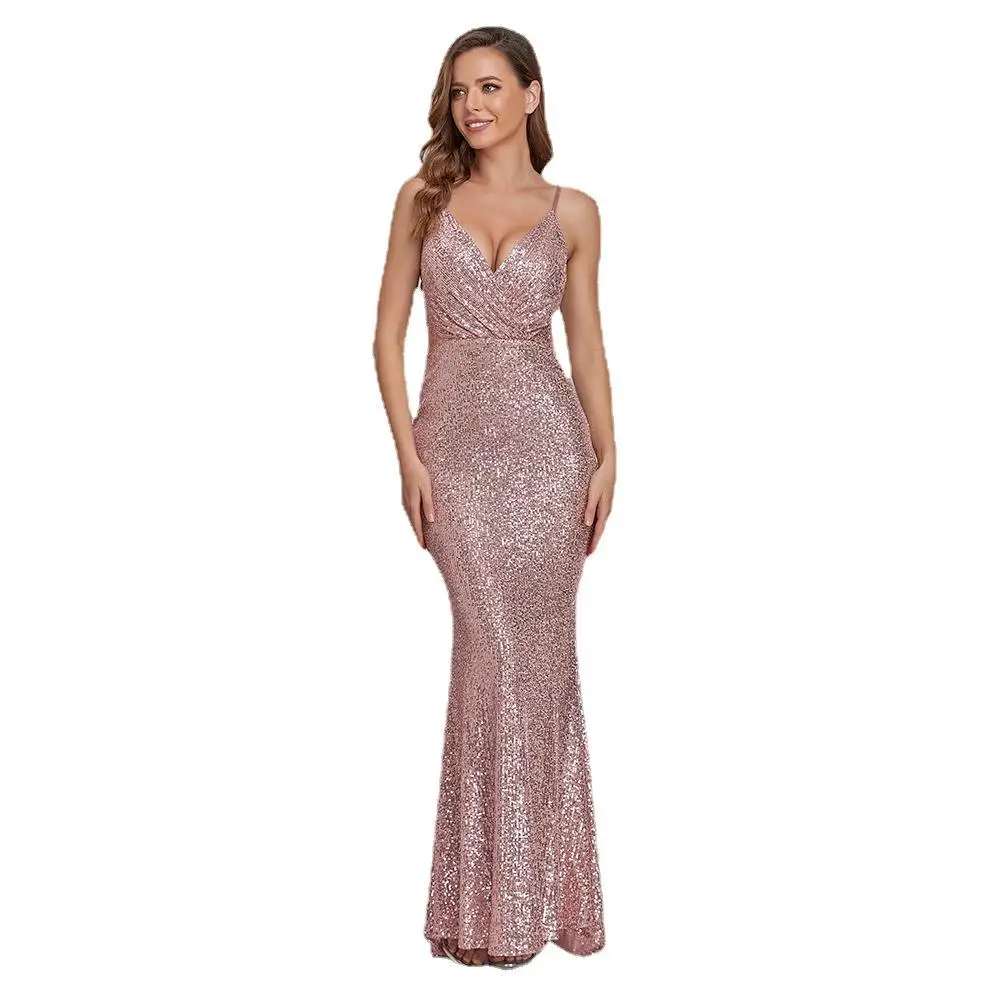 Glitter rosa lantejoulas vestido de noite 2022 sexy decote em v cintas de espaguete sereia vestidos de baile longo bling formal noite festa vestir robe