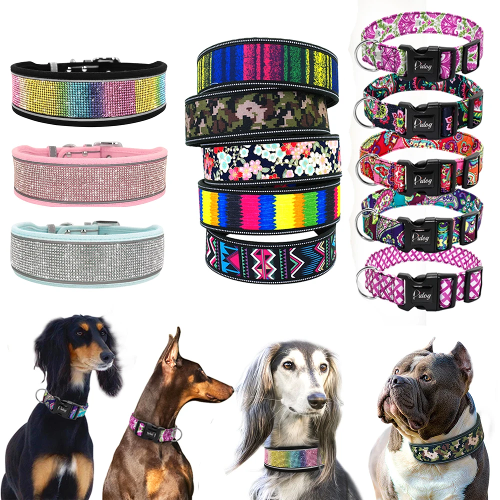 Wide Size Collar for Large Dogs Reflective Pet Dogs Collars Soft Padded Pitbull German Shepherd With Bling Rhinestone S M L