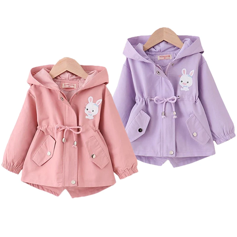 Autumn Casual Long Windbreaker Coat For Girls Cute Rabbit Baby Jacket Hooded Children\'s Outerwear 1-7 Years Toddler Girl Clothes