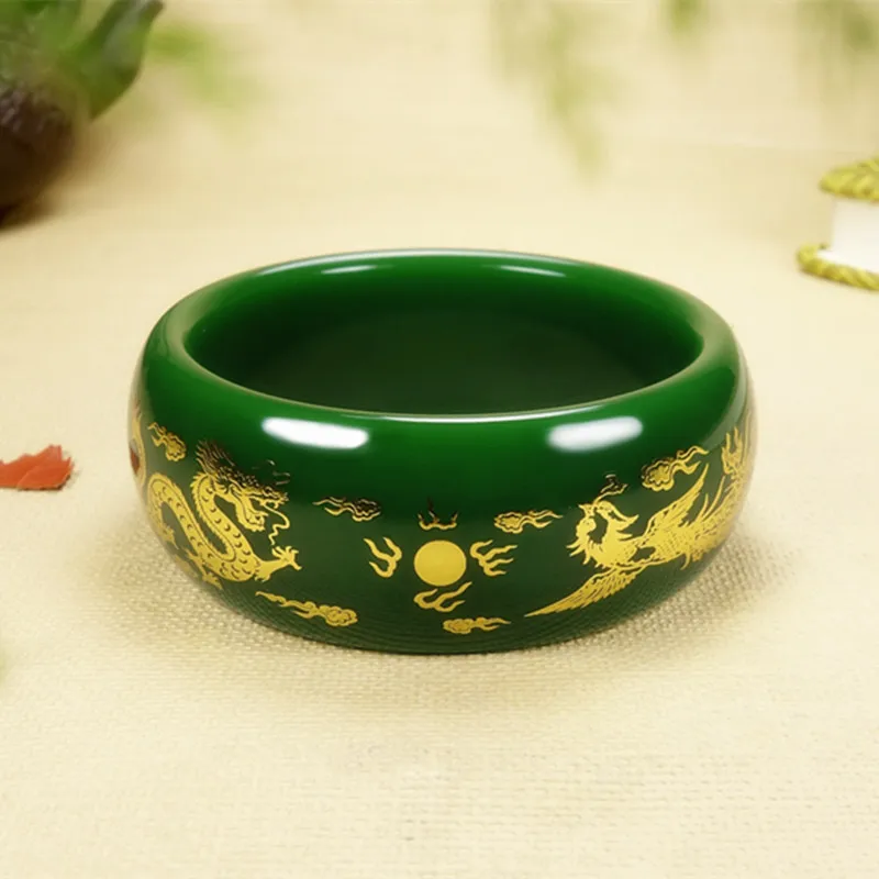 

Natural green jade bangles for women handmade dragon phoenix and jade bracelet for women