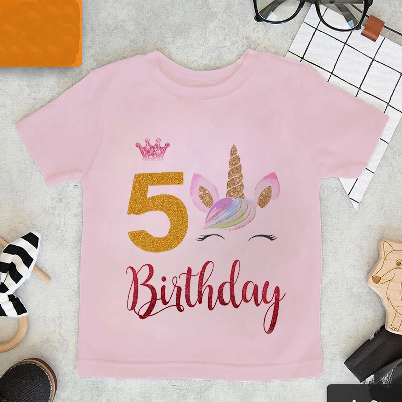 2 3 5 6 7 8 Years Unicorn Girls T-Shirt Boys Short Sleeve Tee Tops Kids Cartoon Printing Clothes Children Birthday Party Wear.