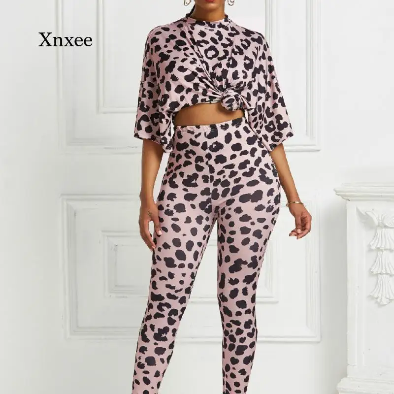 2021 Spring and Autumn Women's 2-Piece Suit  Pants Leopard Print Solid Color Ladies Top + Pants Suit