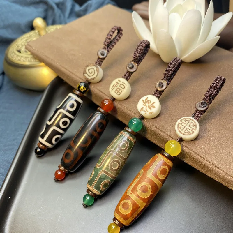 Hand Craft Natural Agat Stone Keychains Handbag Purse Holder Retro Healing 40mm Buddha Tibetan Dzi Agates Nine Eyed Key Chains