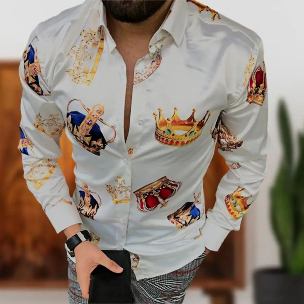 Spring Autumn Men Shirt Fashion Crown Printed Long Sleeve Turn-down Collar Buttons Slim Shirts Casual Dress Shirts Streetwear