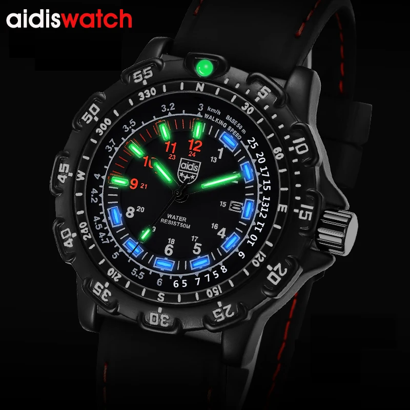 Men Stainless Steel Watches Blue Green Luminous Silica Gel Quartz WristWatch Waterproof Diving Swimming Outdoor Military Watches