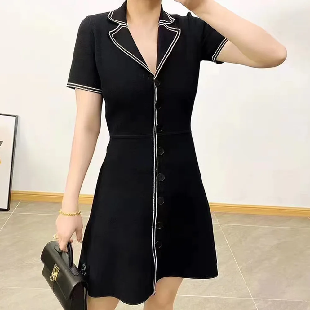 Black woman elegant dress V-neck short-sleeved vintage French brand knitted button high waist office casual dress female